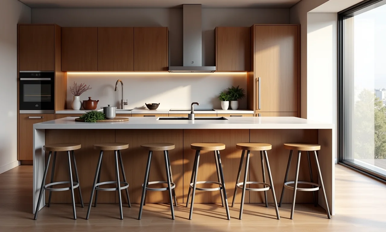 Bancada multifuncional em cozinha corredor como área de preparo e refeições.