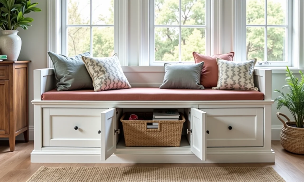 Banco baú oferecendo funcionalidade extra na sala de jantar.