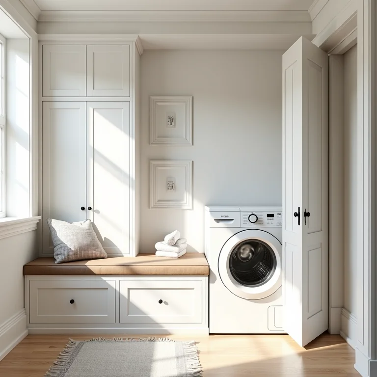 Banco com espaço de armazenamento multifuncional em lavanderia pequena.