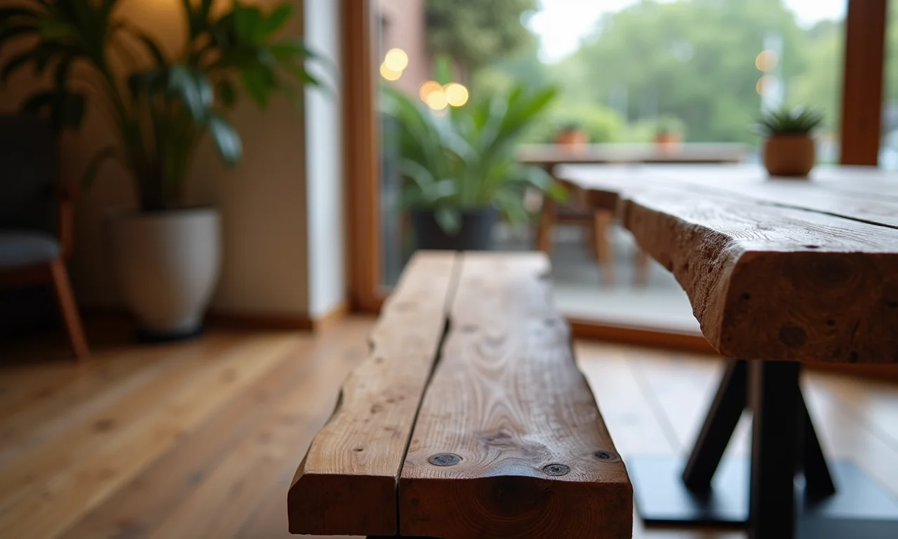 Banco de madeira rústico em uma sala de jantar moderna.