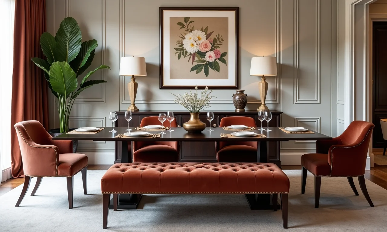Banco estofado em uma sala de jantar elegante e confortável.