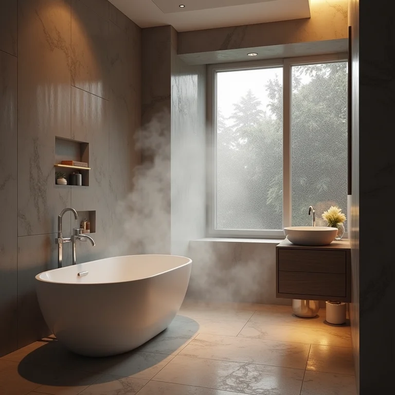 Banheiro abafado sem ventilação, com espelho embaçado devido ao vapor.