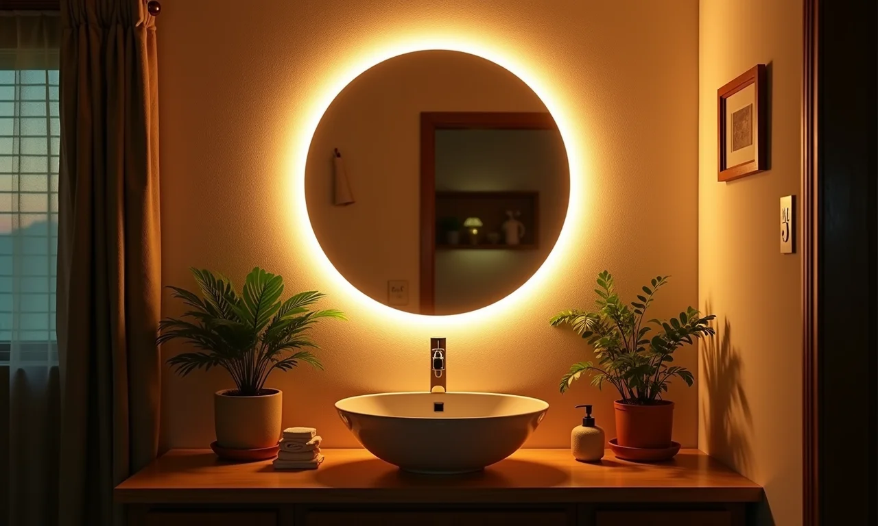 Banheiro aconchegante com iluminação de perfil de LED ao redor do espelho.