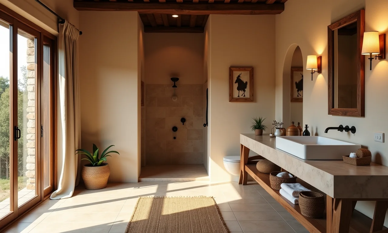 Banheiro aconchegante com tons de bege e marrom, detalhes em madeira.