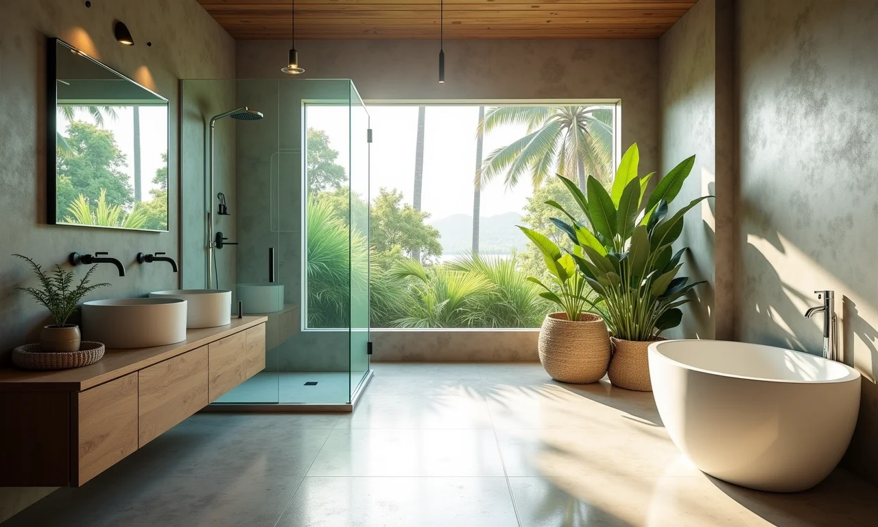 Banheiro amplo com box de vidro transparente, maximizando a sensação de espaço.