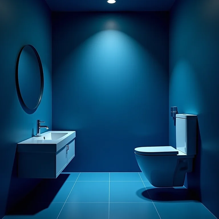 Banheiro azul com iluminação inadequada e aspecto apagado