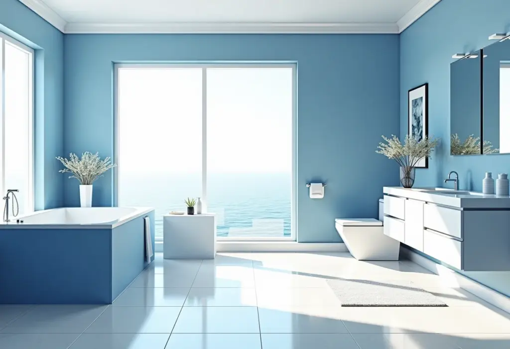 Banheiro azul e branco: 7 erros que você deve evitar JÁ Banheiro azul e branco com design náutico e luz natural.