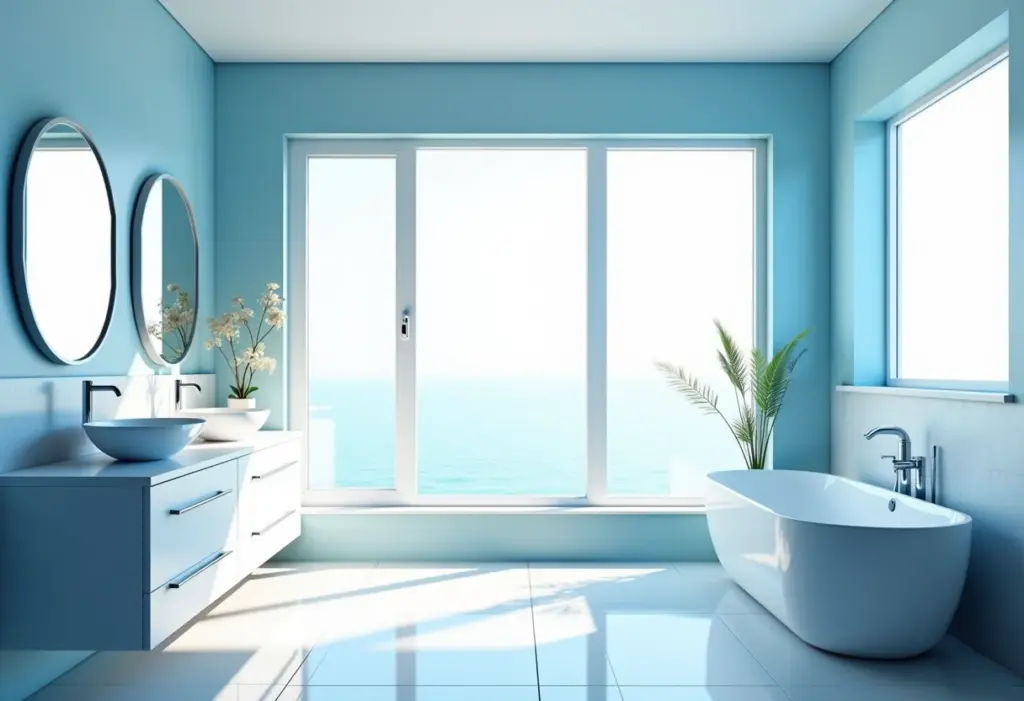 Banheiro azul e branco: 7 erros que você deve evitar JÁ! Banheiro azul e branco elegante com luz natural