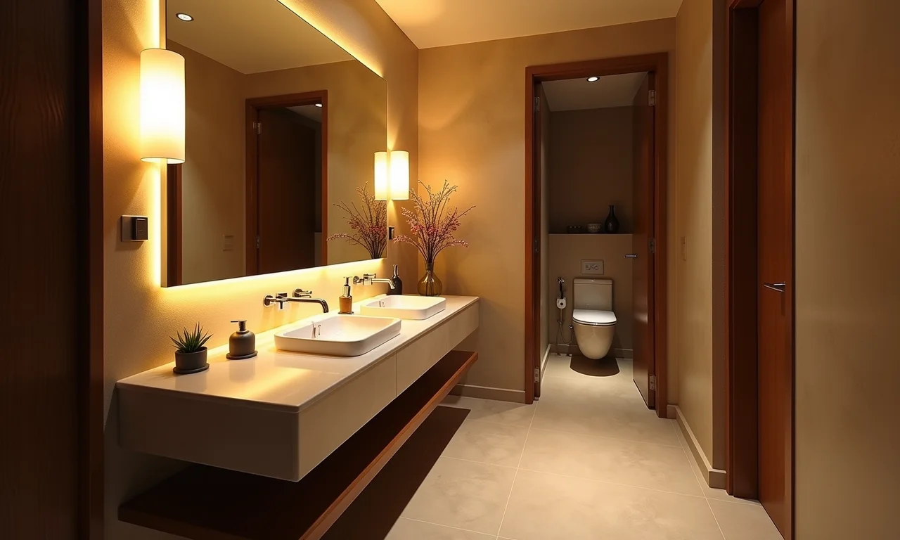 Banheiro bem iluminado com luminárias estratégicas.