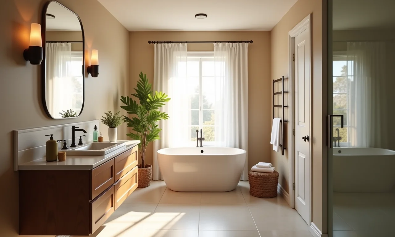 Banheiro bem iluminado com luz natural e artificial estrategicamente posicionada.