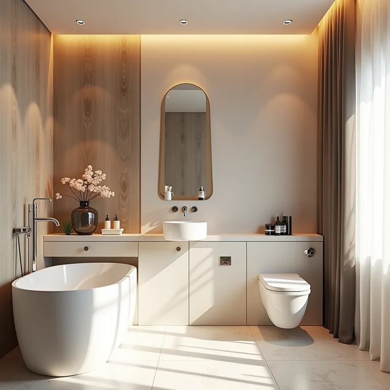 Banheiro charmoso com papel de parede 3D elegante.