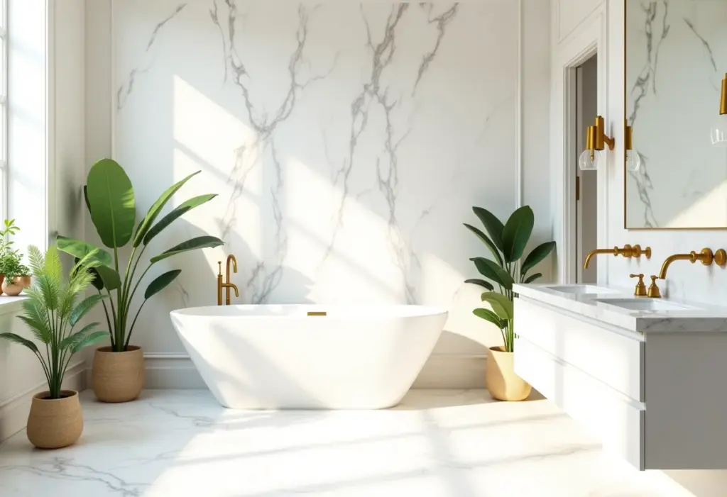 Banheiro clássico: Mármore e metais luxuosos Banheiro clássico com mármore Carrara e detalhes em dourado.