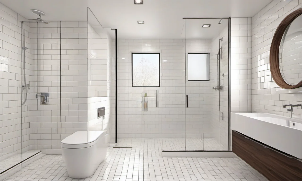 Banheiro clássico revestido com pastilhas de vidro brancas.