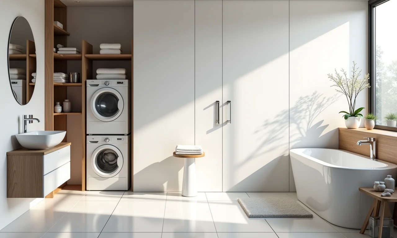 Banheiro clean e organizado com área de serviço integrada e design minimalista.