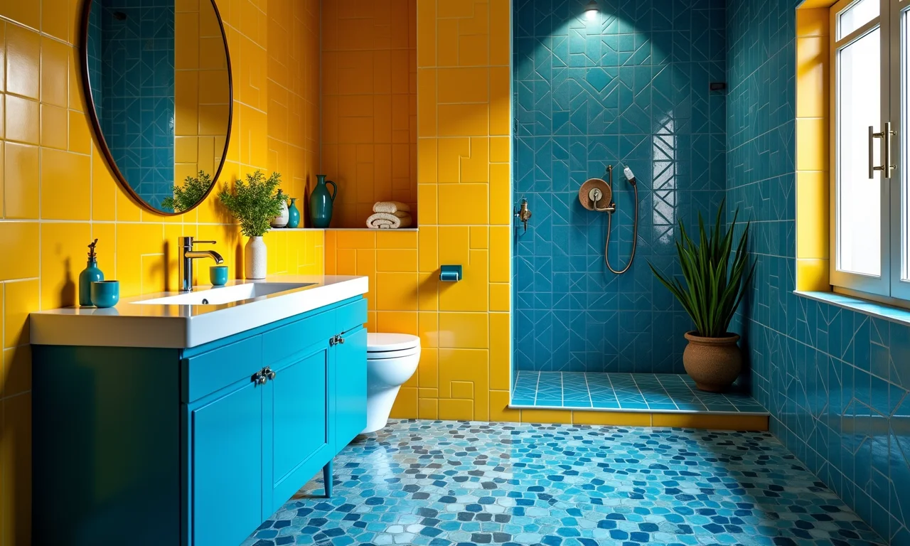 Banheiro colorido com azulejos vibrantes e arte brasileira.