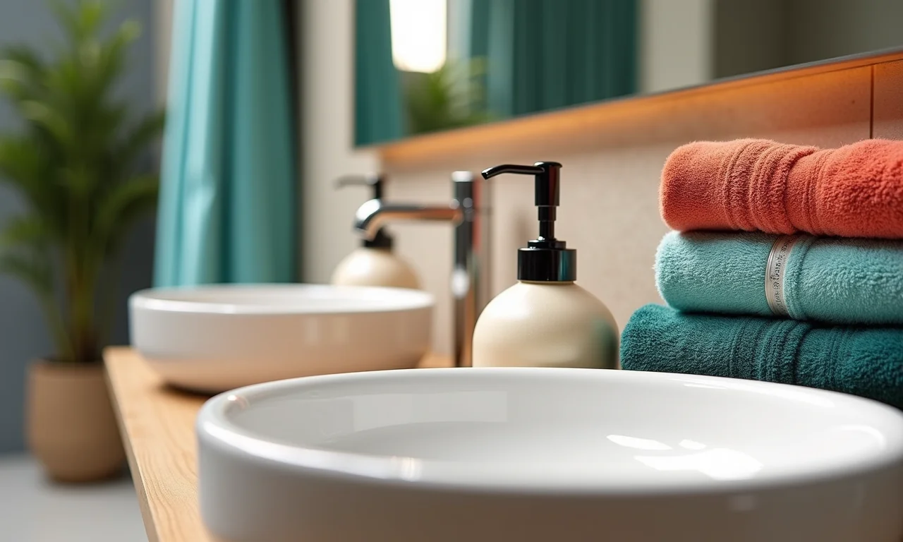 Banheiro com acessórios estilosos e toalhas coloridas.