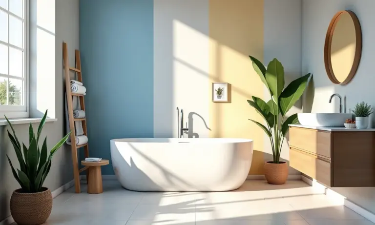 Banheiro com as cinco paletas de cores: azul e branco, bege e marrom, cinza e amarelo, rosa e cinza, preto e branco.