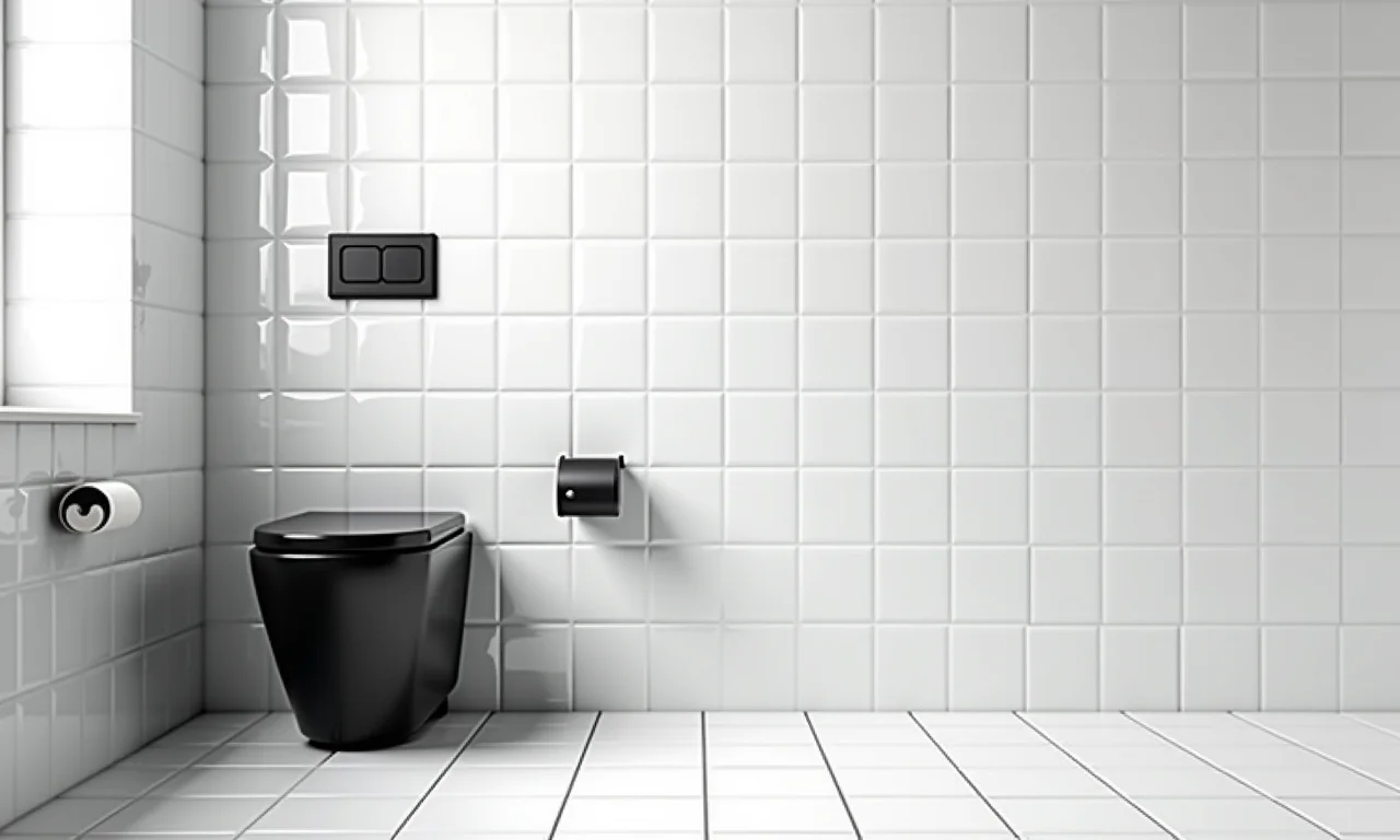 Banheiro com azulejos brancos e vaso sanitário preto contrastante.