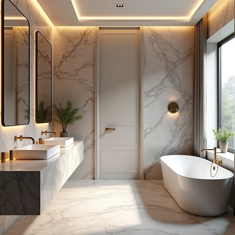 Banheiro com bancadas de mármore e detalhes em granito.