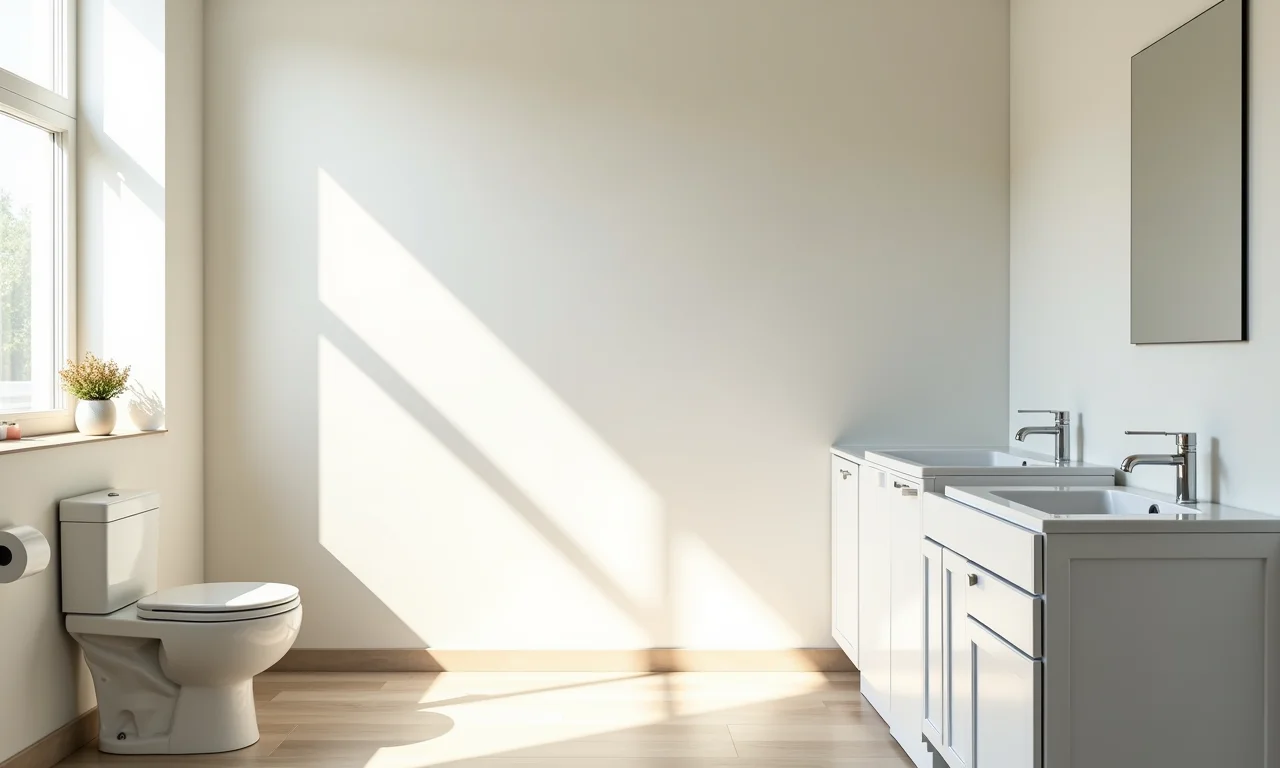 Banheiro com cores claras e armários que ampliam o espaço da lavanderia.