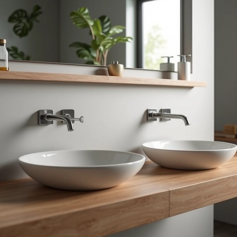 Banheiro com duas cubas de apoio sobre bancada de madeira, estilo moderno.