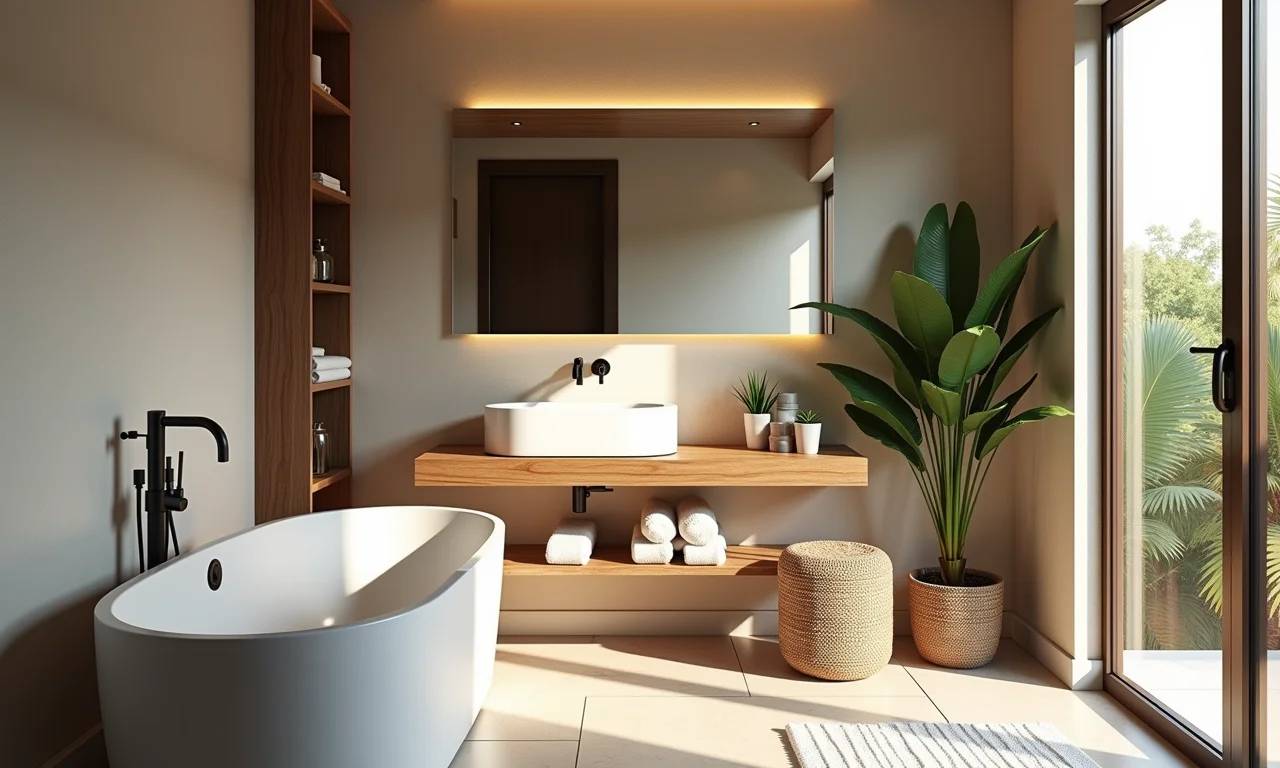 Banheiro com espelho grande ampliando o espaço.