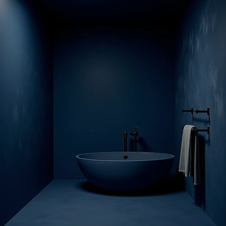 Banheiro com excesso de azul escuro, criando ambiente pesado.