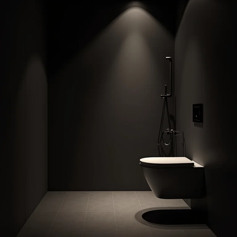 Banheiro com iluminação inadequada, criando um ambiente escuro e pouco convidativo.