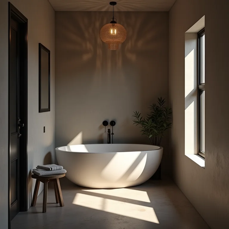 Banheiro com iluminação inadequada, sombras e pouca luz.