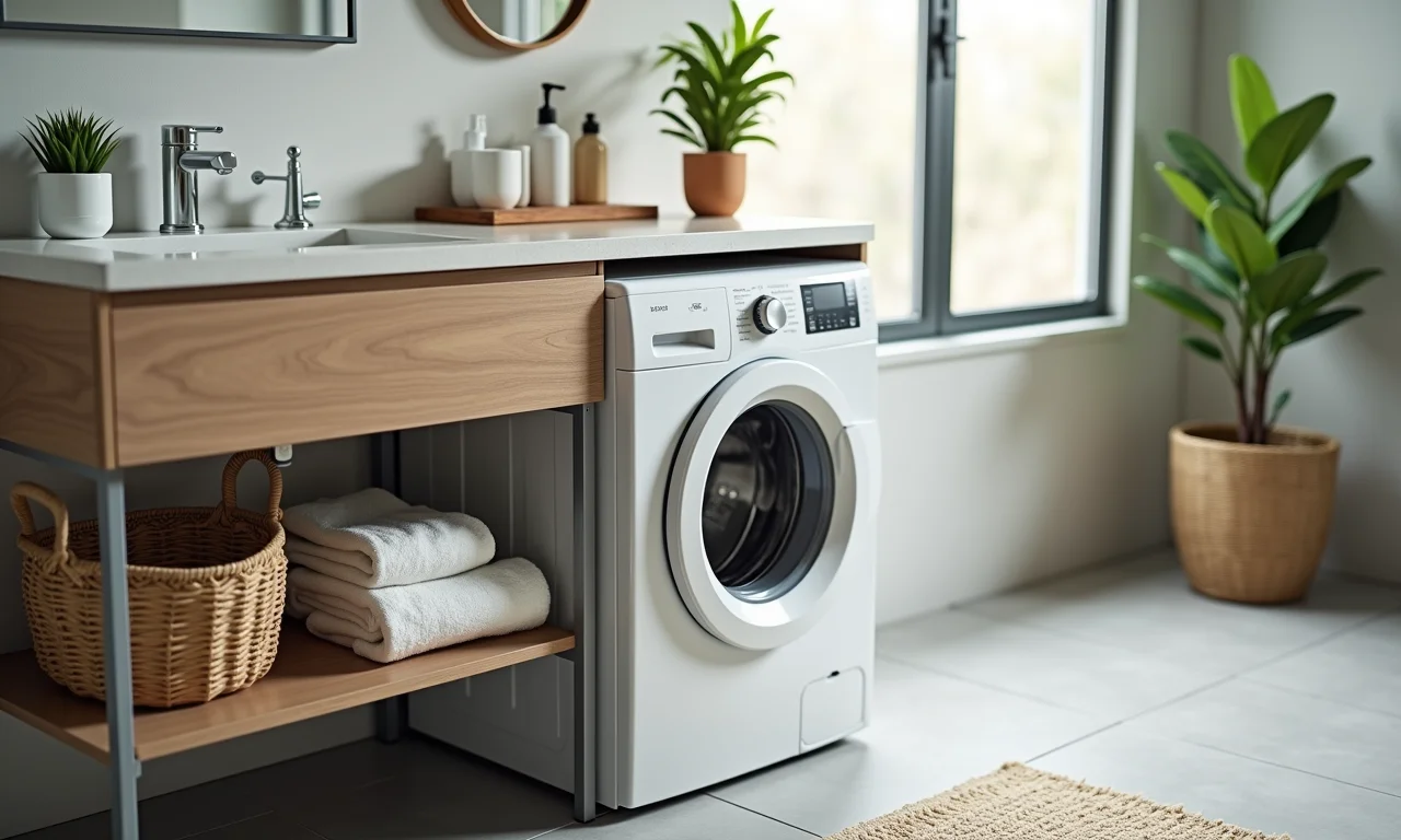 Banheiro com máquina de lavar escondida sob a bancada, otimizando espaço.