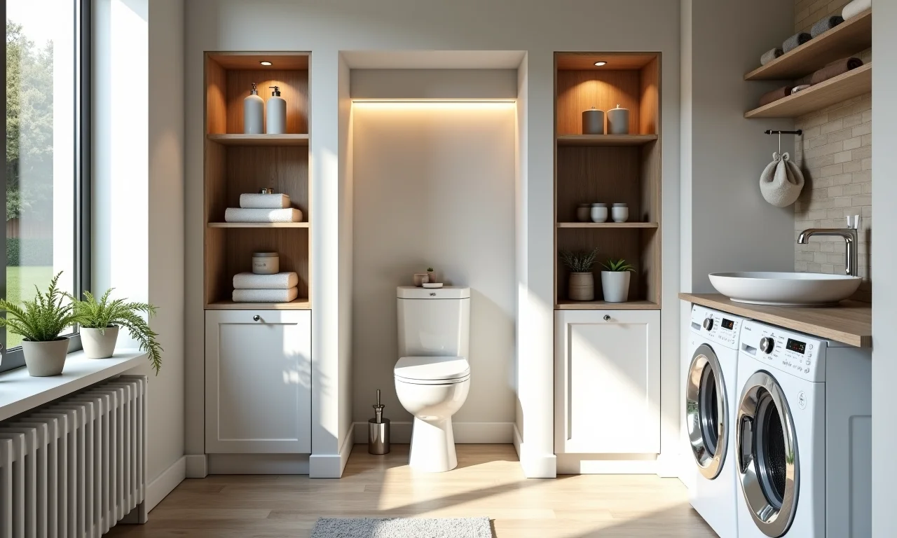 Banheiro com nichos e prateleiras para organizar produtos de lavanderia.