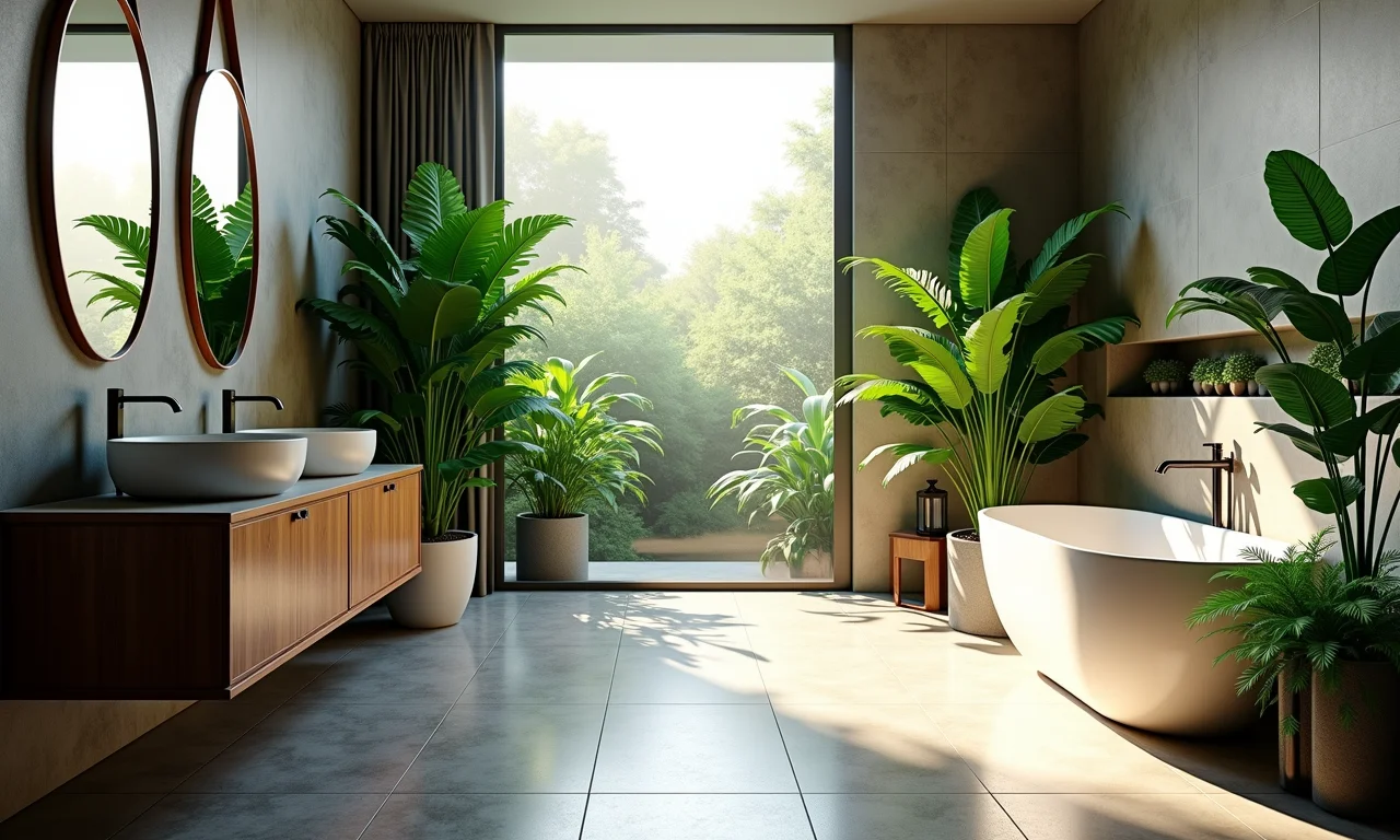 Banheiro com plantas exuberantes e luz natural.