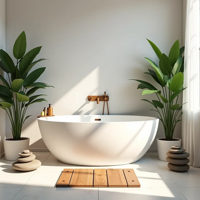 Banheiro com tapete de madeira e elementos naturais.