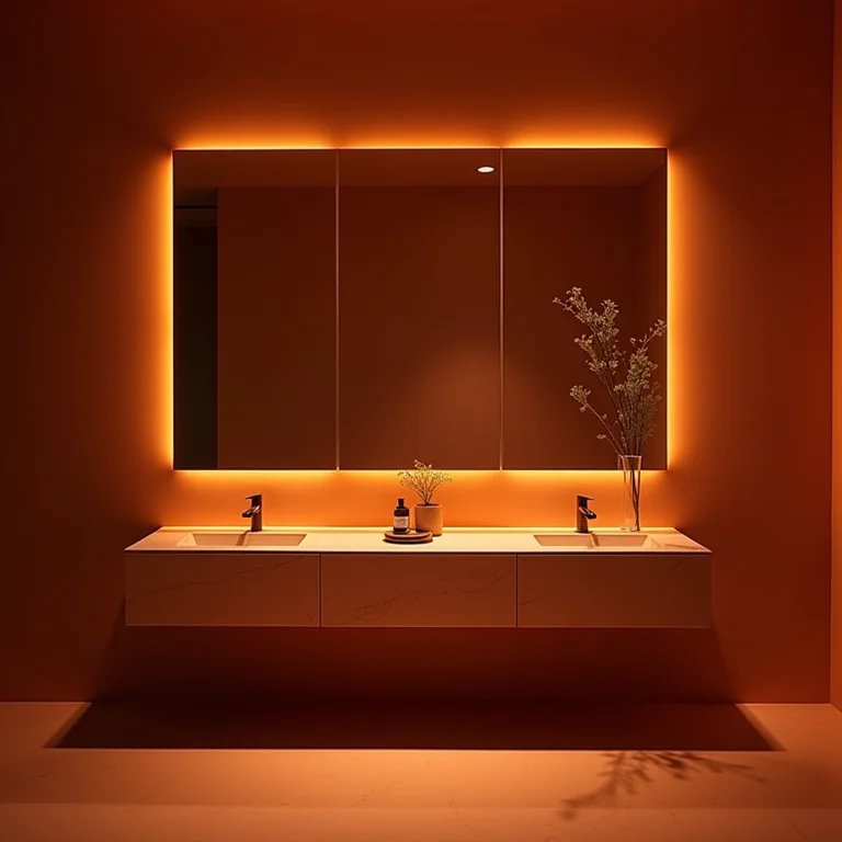 Banheiro cor de terracota com espelhos mal iluminados