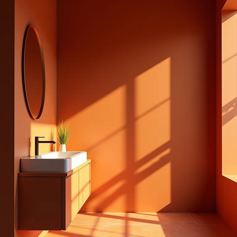 Banheiro cor de terracota com iluminação central única e forte