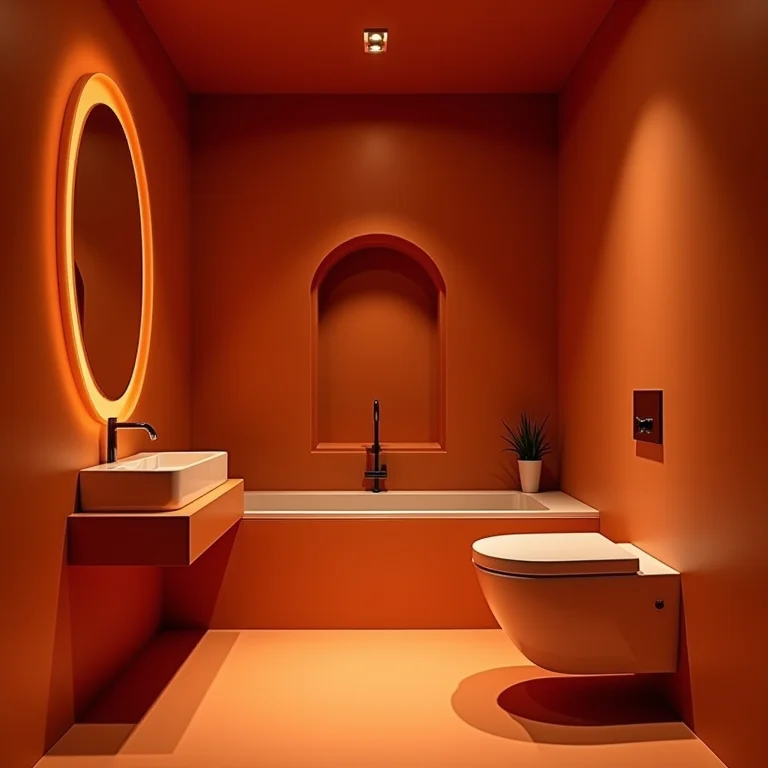 Banheiro cor de terracota com temperatura de cor inadequada na iluminação