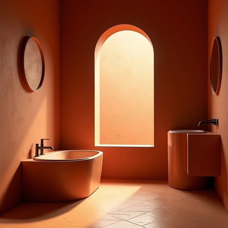 Banheiro cor de terracota sem aproveitamento da luz natural