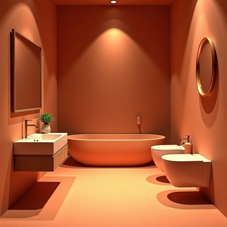 Banheiro cor de terracota sem iluminação de destaque