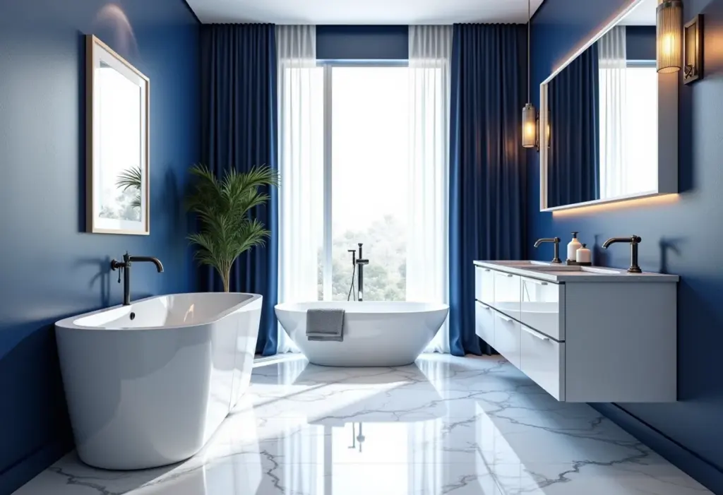 Banheiro azul e branco: 5 erros que você deve evitar JÁ Banheiro de luxo azul e branco com design navy