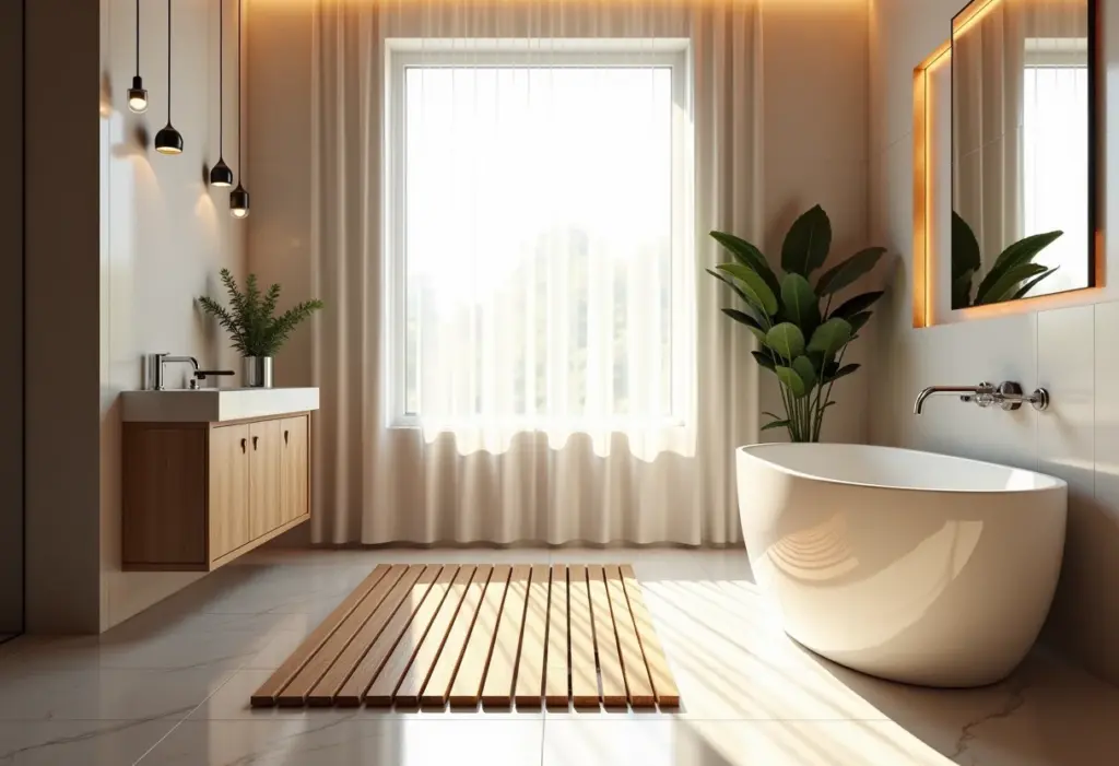 Banheiro de luxo com tapete de madeira teca no box