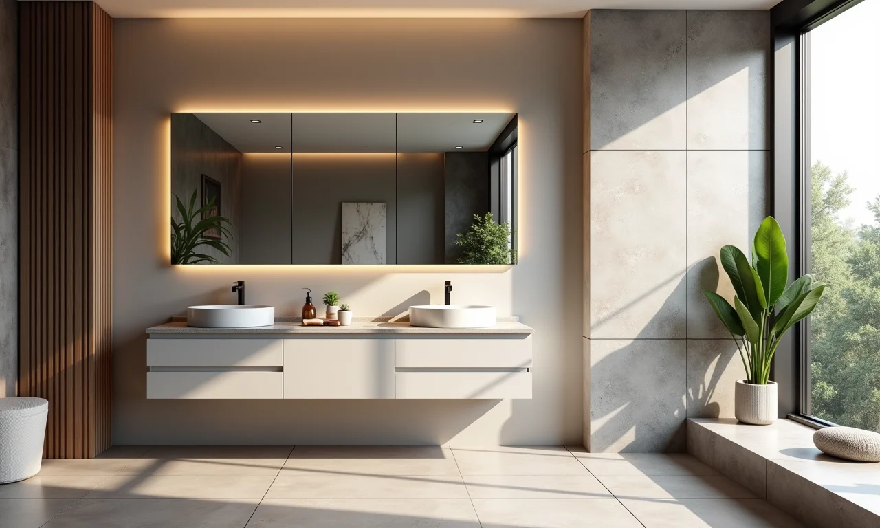 Banheiro elegante com espelheira complementando a decoração sofisticada.