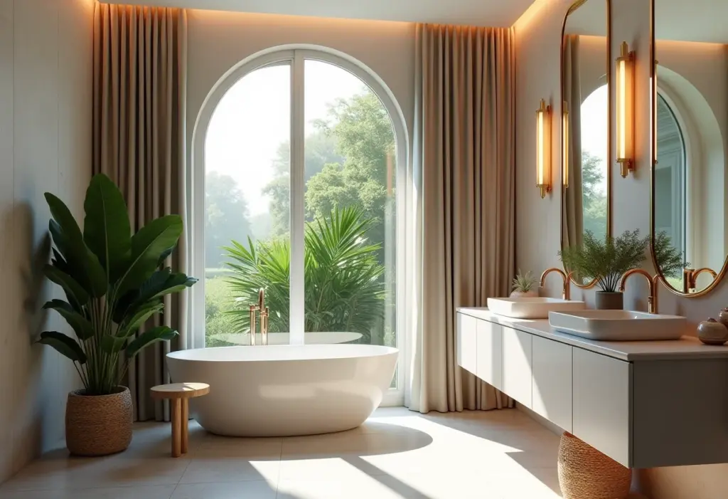 Banheiro elegante com espelho grande e bem iluminado