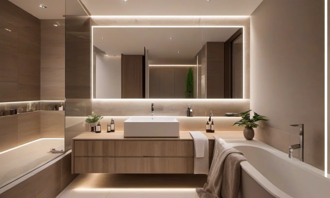 Banheiro elegante com fitas de LED no espelho.