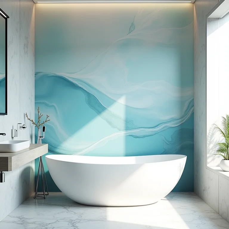 Banheiro elegante com papel de parede 3D resistente à umidade.