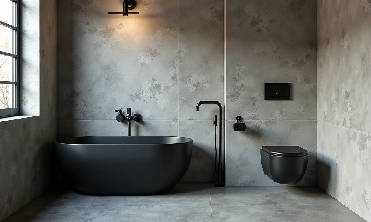 Banheiro em estilo industrial com vaso sanitário preto e tubulações expostas.