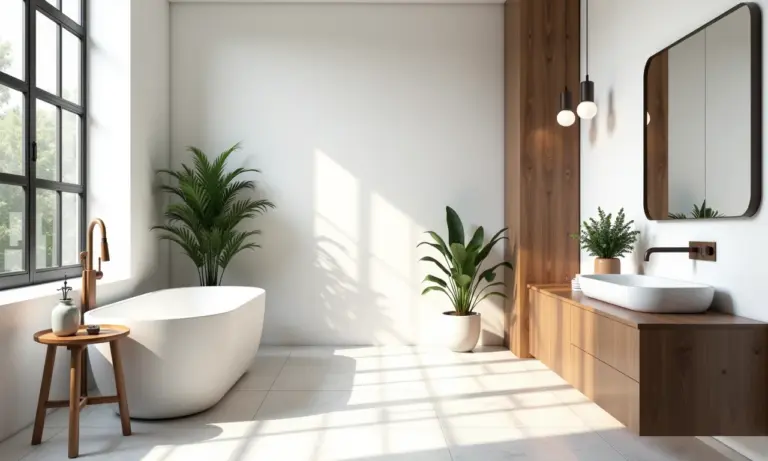 Banheiro escandinavo com revestimento branco e detalhes em madeira, iluminado por luz natural.