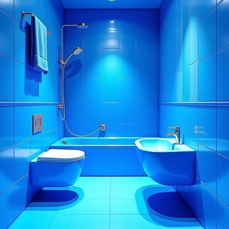 Banheiro excessivamente azul com aparência de Smurf