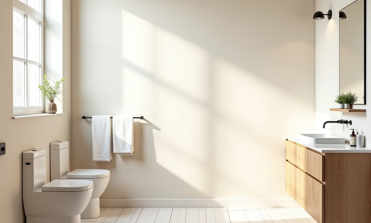 Banheiro farmhouse com cores claras e neutras, transmitindo calma.