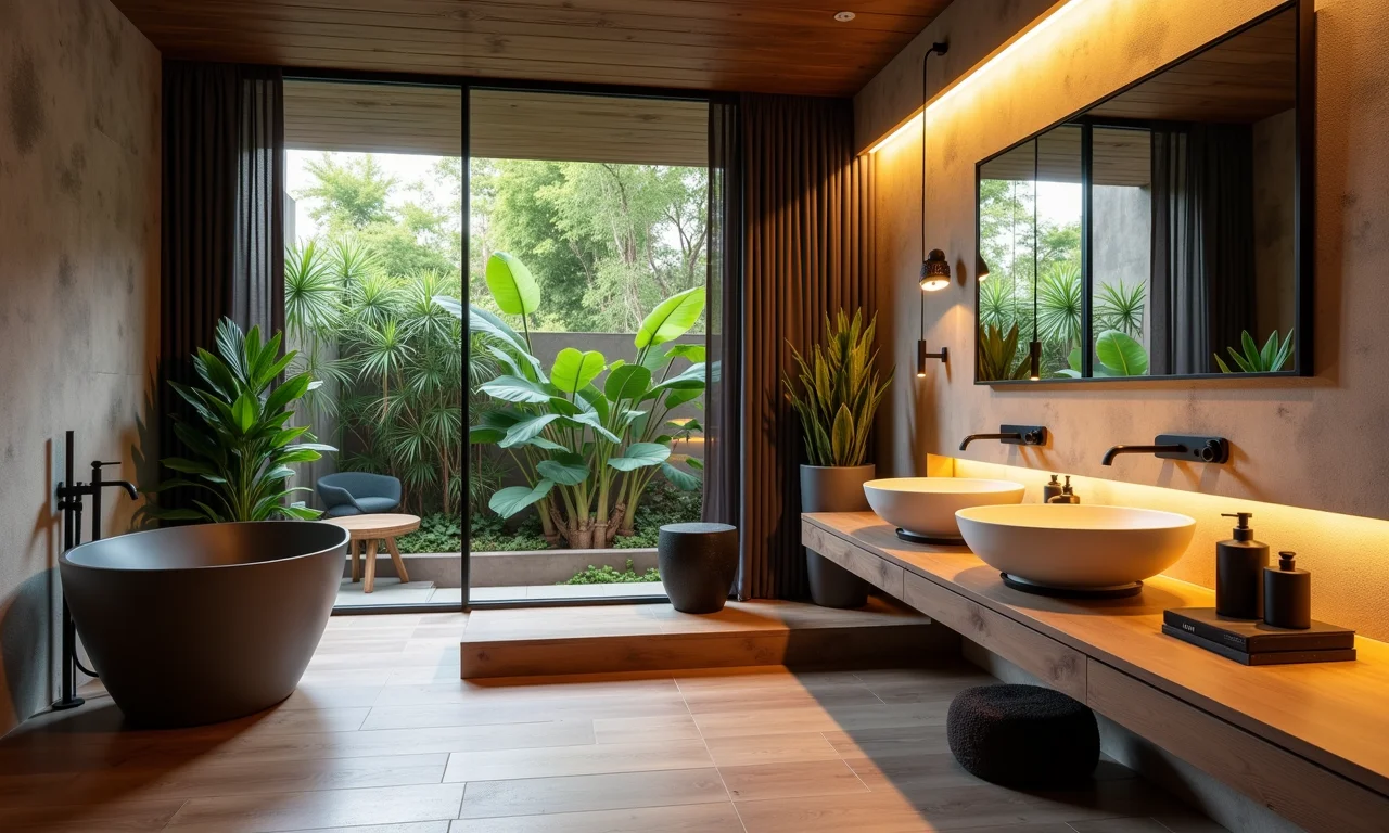 Banheiro harmonioso com metais pretos proporcionais