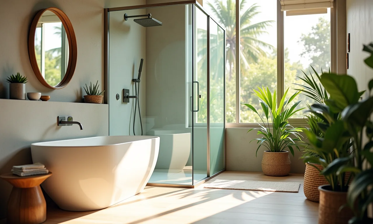 Banheiro iluminado com box de vidro transparente, otimizando a luz natural.